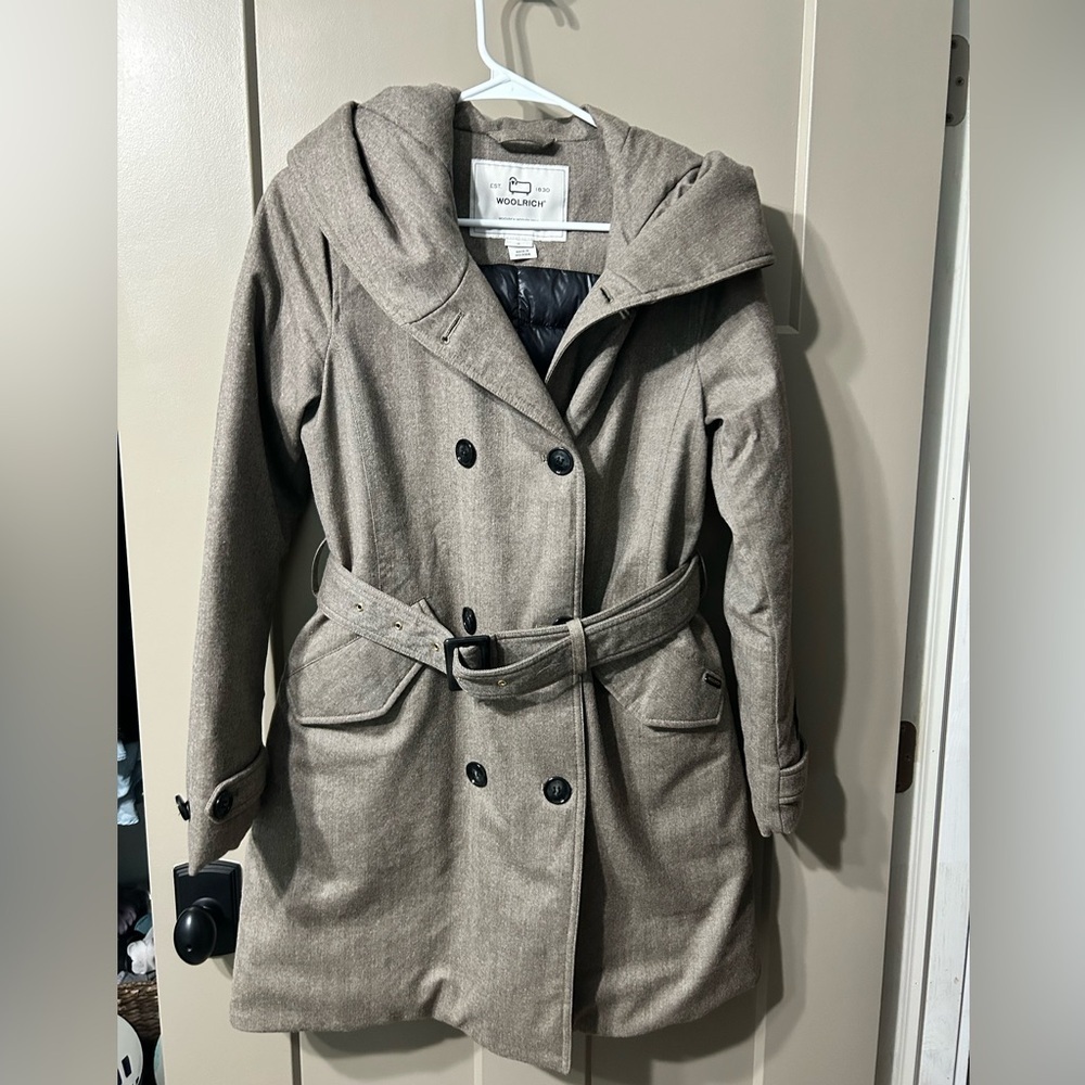 Woolrich Women's taupe Hooded double breasted Trench Coat Down Fabric made Italy